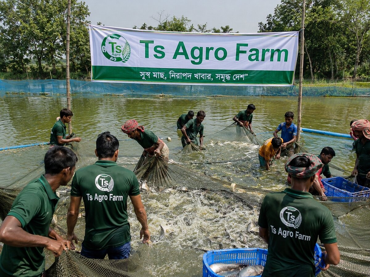 The TS Agro Farm team netting a fish harvest at the company pond in Kushtia